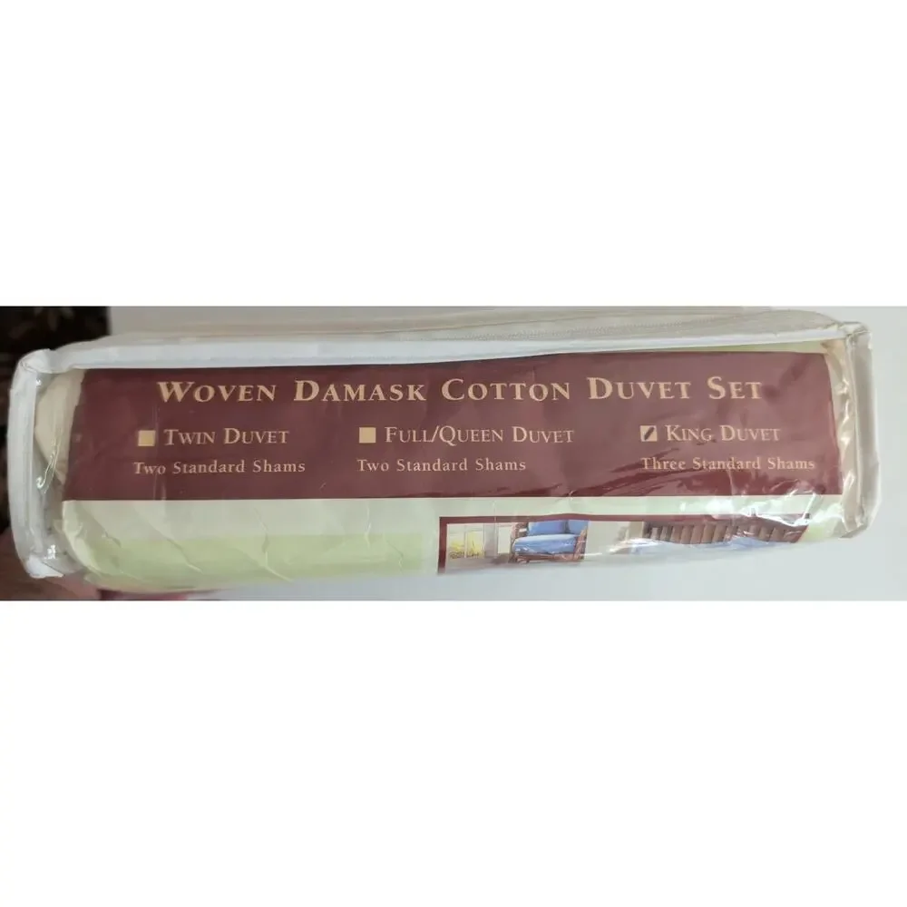 Harvard Square Woven Damask Cotton Duvet Set King Cream 230 Thread Count 3 Shams